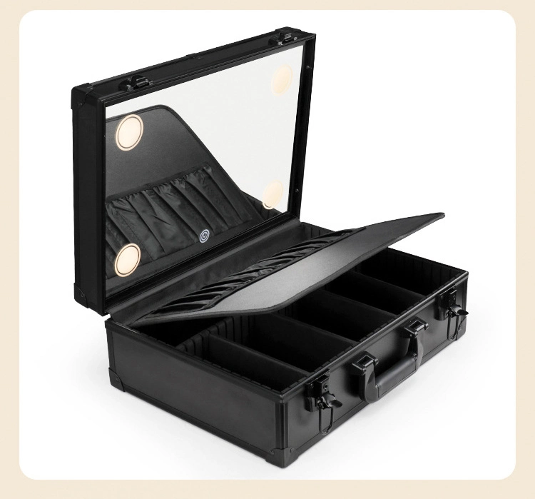 Professional Large Aluminum Tool Box Cosmetic Case with Lock Portable Storage Makeup Equipment Case with Light and Mirror